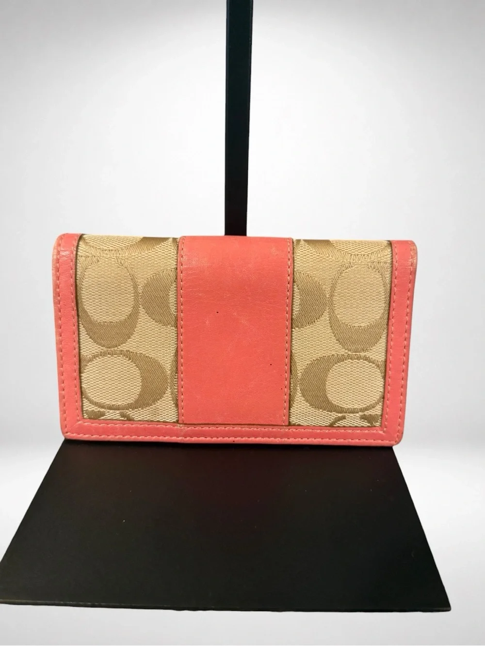 COACH Signature Card Case Wallet Khaki Coral Pink Leather Bifold Vintage Y2K